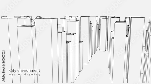 Abstract wireframe city background. Perspective 3D visualization of the building frame. Vector illustration. Architecture building. megapolis line illustration. Street with skyscrapers.