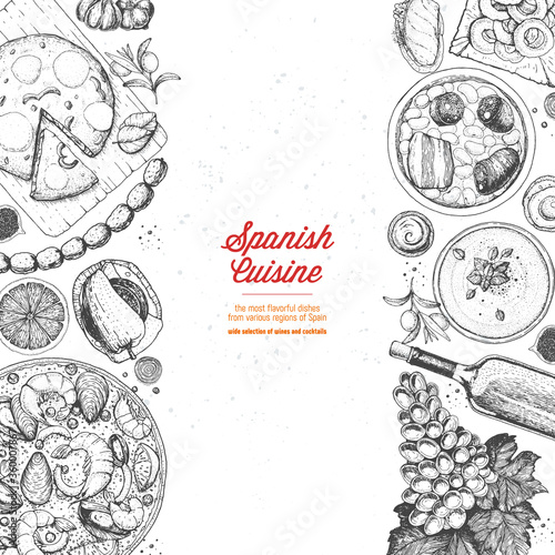Spanish cuisine top view. A set of spanish dishes. Food menu design template. Vintage hand drawn sketch vector illustration. Engraved image