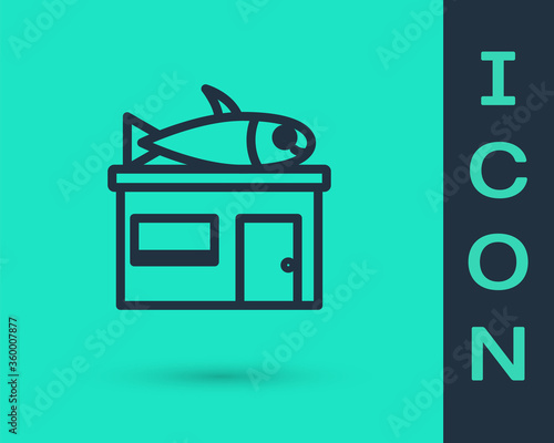 Black line Seafood store icon isolated on green background. Facade of seafood market.  Vector.