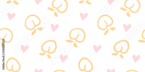 Seamless peaches fruit vector pattern. Hand drawn pink peach peach fruit art with heart for wallpaper textile fabric designs. Cute vector illustrations in cartoon style.Print