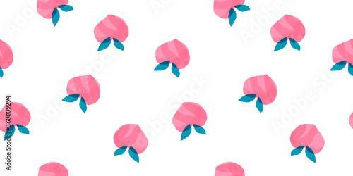 Seamless peaches fruit vector pattern. Hand drawn watercolor pink fruit art for wallpaper textile fabric designs. Cute vector illustrations in cartoon style.Print