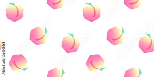 Seamless peaches fruit vector pattern. Hand drawn pink yellow fruit art for wallpaper textile fabric designs. Cute vector illustrations in cartoon style.