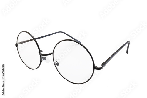 Street style oval prescription glasses with thin black metal frame, clear lens, isolated on white background, front view.