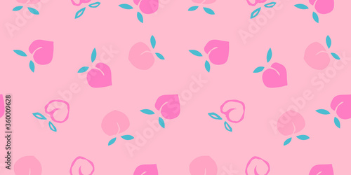 Seamless peaches fruit vector pattern. Hand drawn pink fruit art for wallpaper textile fabric designs. Cute vector illustrations in cartoon style.