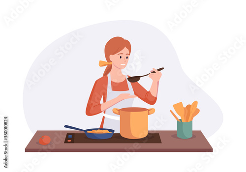 Smiling chef cooking on kitchen table. Wife cooked soup and tastes it with a spoon. Vector illustration home concept preparing homemade meals for dinner