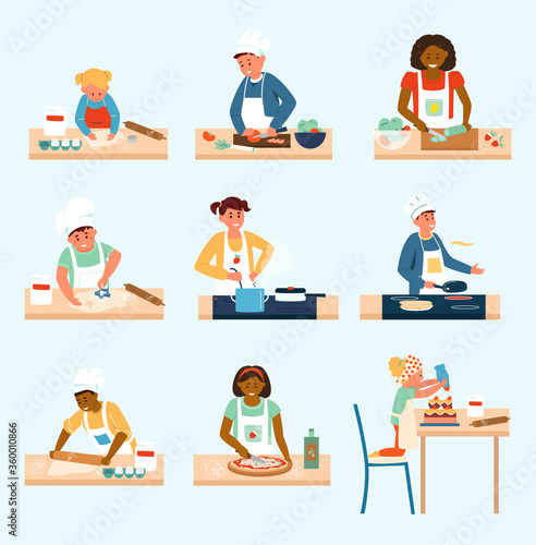 Vector set of different age and ethnicity kids in aprons and chef hats cooking. Making pizza, salad, soup, cookies, cake, pancakes. Children in kitchen. Flat vector illustration.