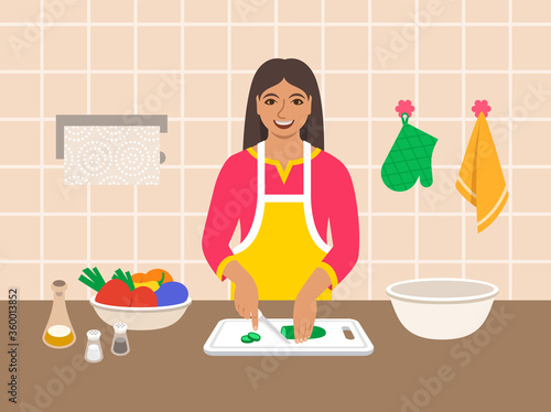 Young modern indian woman cuts fresh vegetables for salad or ragout in the kitchen. Flat vector cartoon illustration. Mom cooks dinner for family. Cooking at home. Preparing vegetarian diet meal