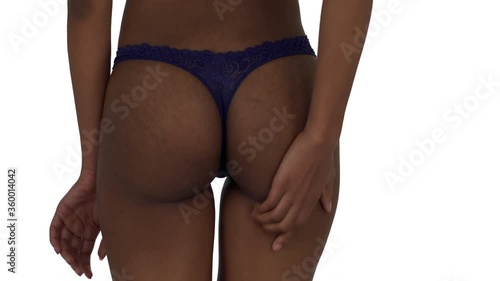 Close-up front view of a woman wearing tanga lace panties scratching her buttocks. Skincare concept. Isolated on white background