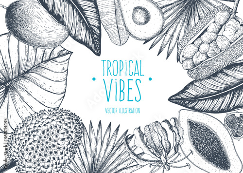 Tropical palm leaves design template. Palm leaves and tropical fruits frame. Botanical set vector illustration with jack fruit, mango, durian, papaya and avocado.