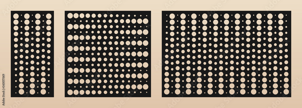 Laser cut panel set. Vector template with modern geometric pattern, halftone dots texture, gradient transition effect, grid, circles. Decorative stencil for laser cutting. Aspect ratio 1:2, 1:1, 3:2