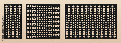 Laser cut panel set. Vector template with modern geometric pattern, halftone dots texture, gradient transition effect, grid, circles. Decorative stencil for laser cutting. Aspect ratio 1:2, 1:1, 3:2