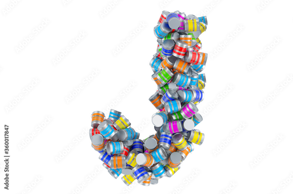 Letter J from colored paint cans, 3D rendering