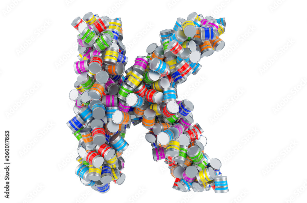 Letter K from colored paint cans, 3D rendering