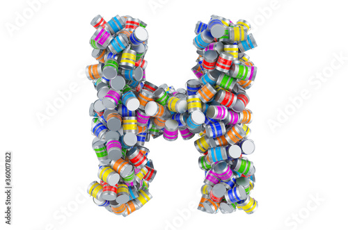 Letter H from colored paint cans, 3D rendering