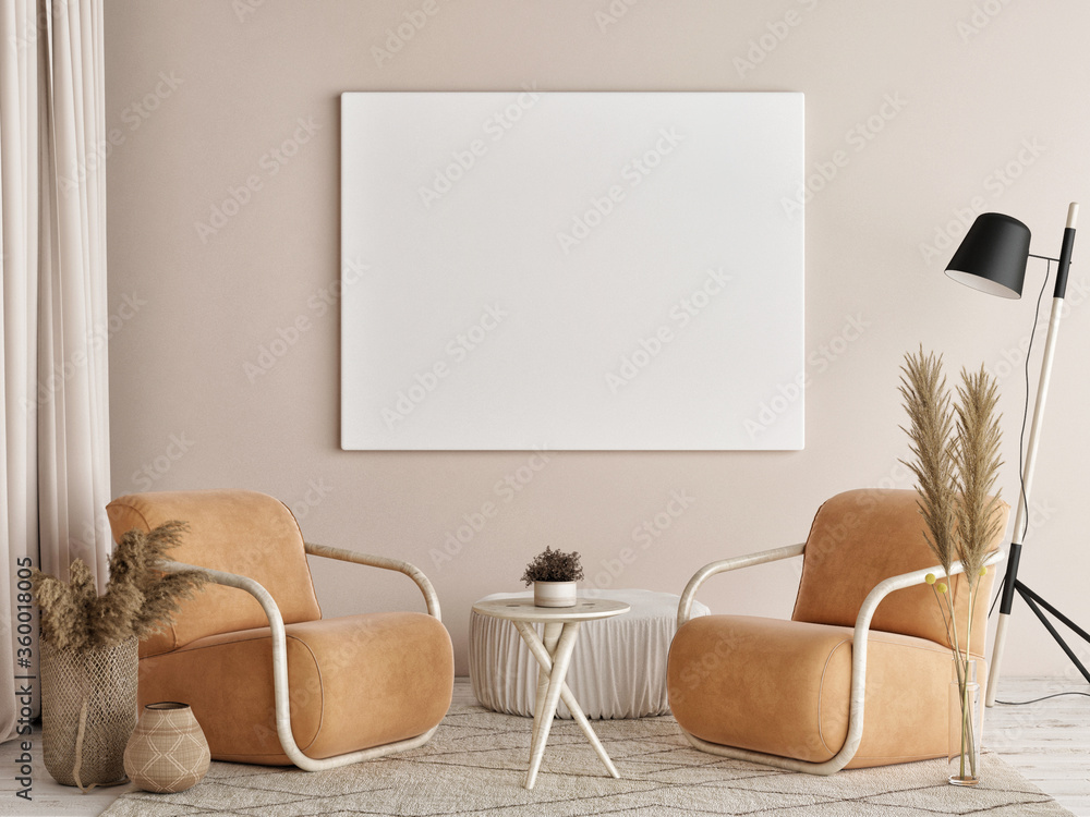 Mockup poster in Living room, natural colors background, 3d render, 3d illustration - obrazy, fototapety, plakaty 