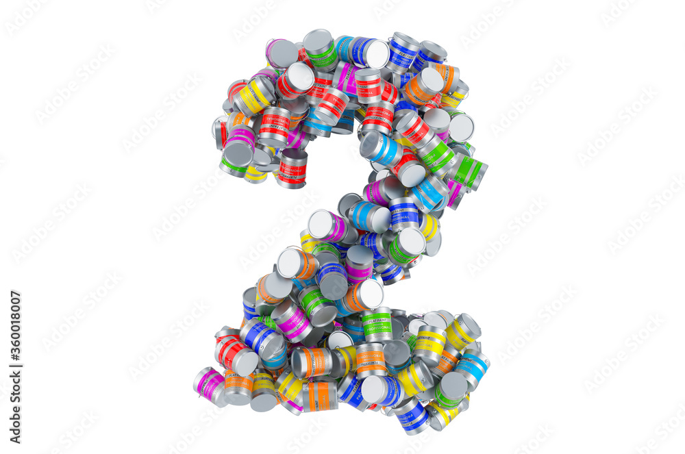 Number 2 from colored paint cans, 3D rendering Number 2 from colored paint cans, 3D rendering