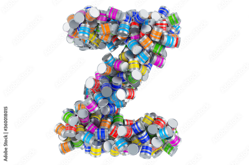 Letter Z from colored paint cans, 3D rendering