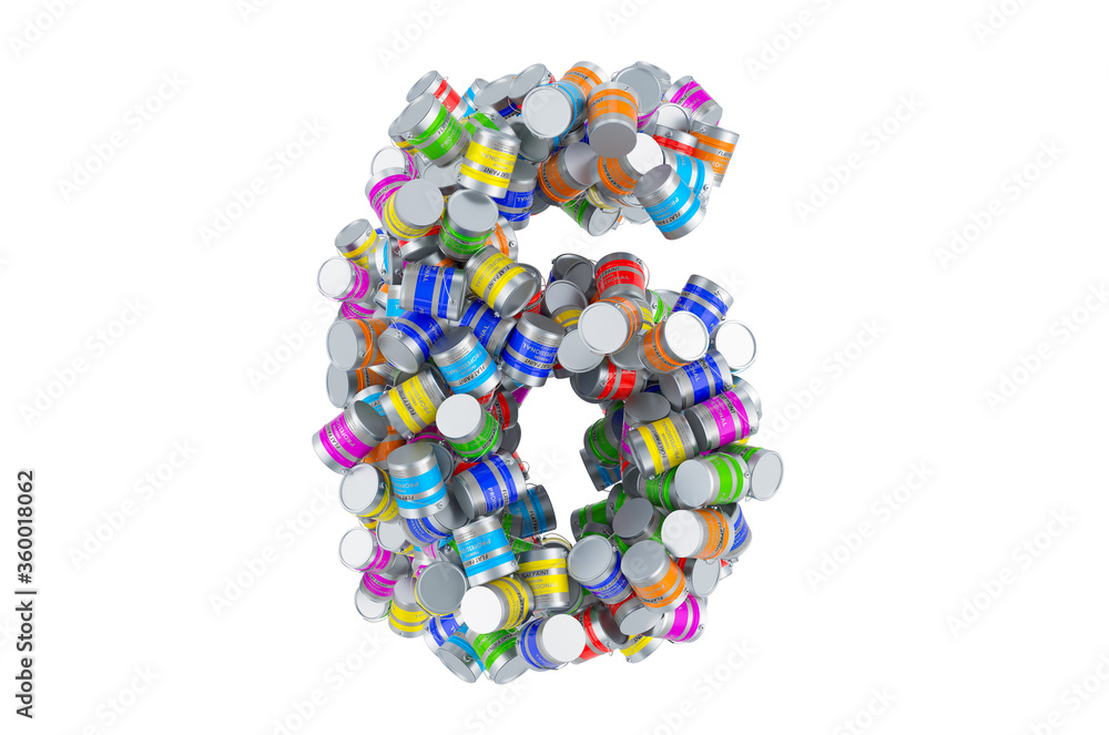 Number 6 from colored paint cans, 3D rendering Number 6 from colored paint cans, 3D rendering