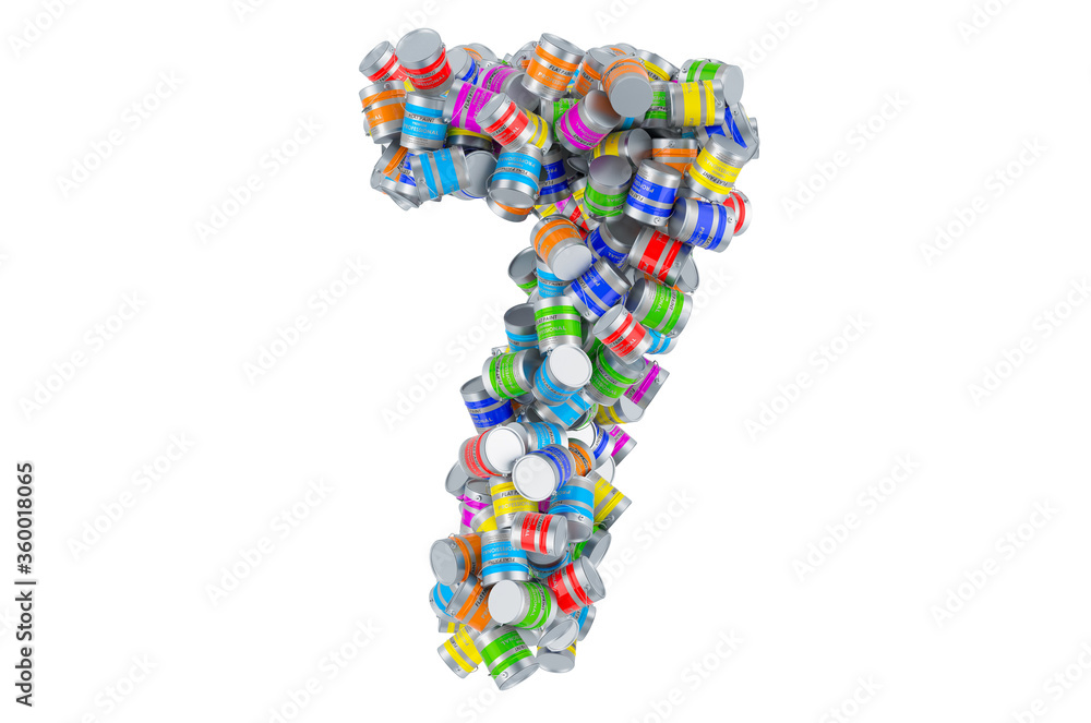 Number 7 from colored paint cans, 3D rendering Number 7 from colored paint cans, 3D rendering