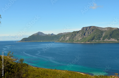 summer mountain peaks and blue fjord
