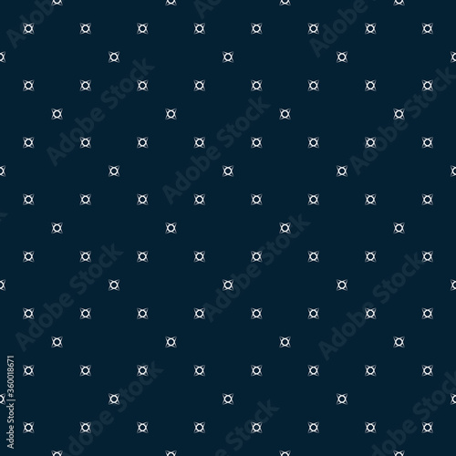 Vector minimalist background. Subtle geometric seamless pattern with tiny floral shapes, small crosses. Simple abstract minimal dark blue texture. Modern delicate geo design for decor, fabric, web