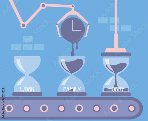 Time management concept. Three sandglasses on the conveyor line with mechanic manipulators. Vector illustration.