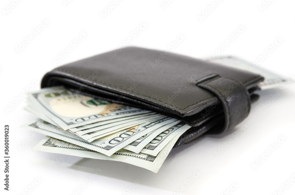 black men's wallet with dollars on white. Close-up. black men's wallet with dollars on white. Close-up.