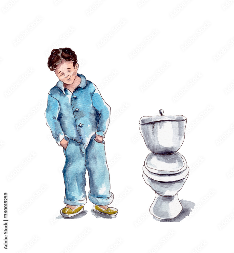 watercolor illustration of the character boy in blue pajamas standing