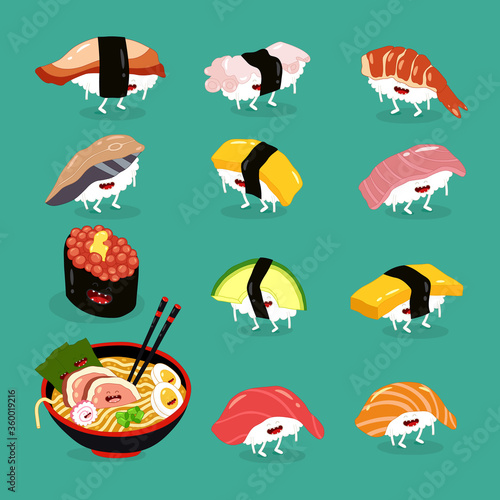 sushi ramen funny cute set. Vector illustration.