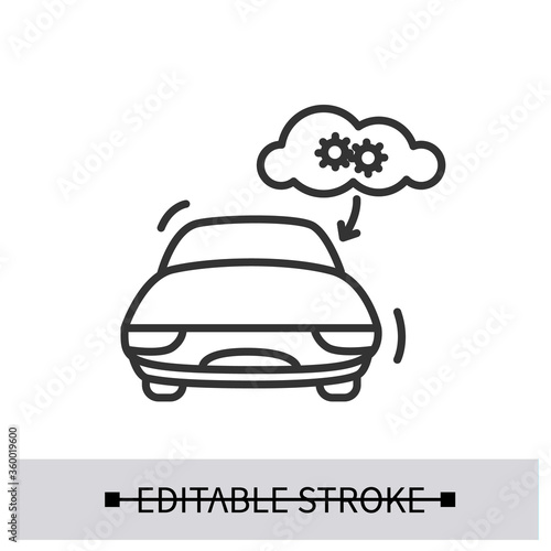 Electric car icon. Electric vehicle with gears line pictogram. Concept of modern automobile remote access, control and anti theft technology. Editable stroke vector illustration for presentation