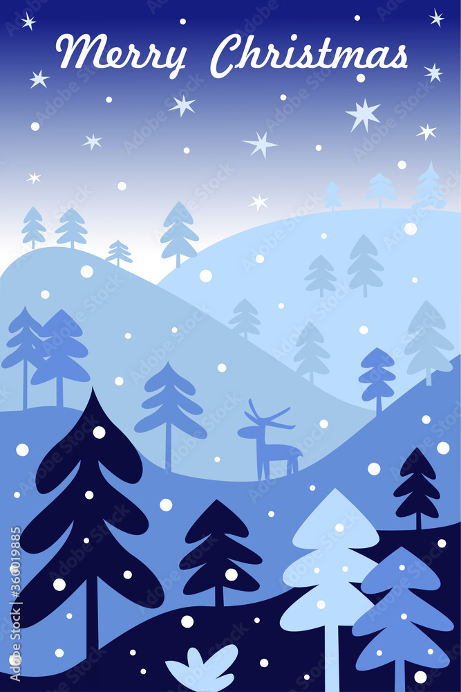 Christmas card with fantasy cartoon landscape. Vertical image. Vector