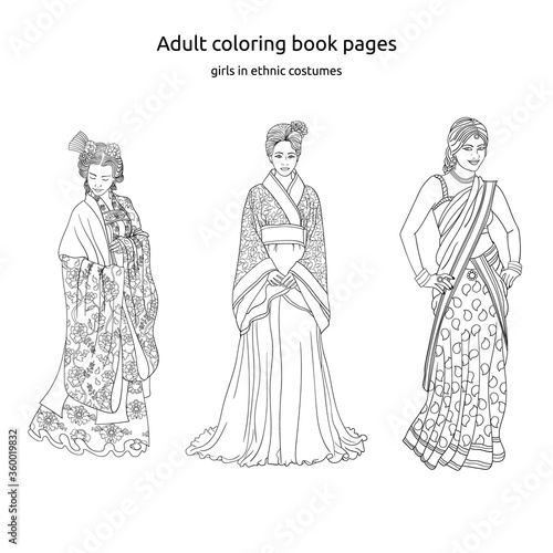 Hand drawn Vector illustration. Japanese, Indian, Chinese Woman in traditional clothes for adult coloring book