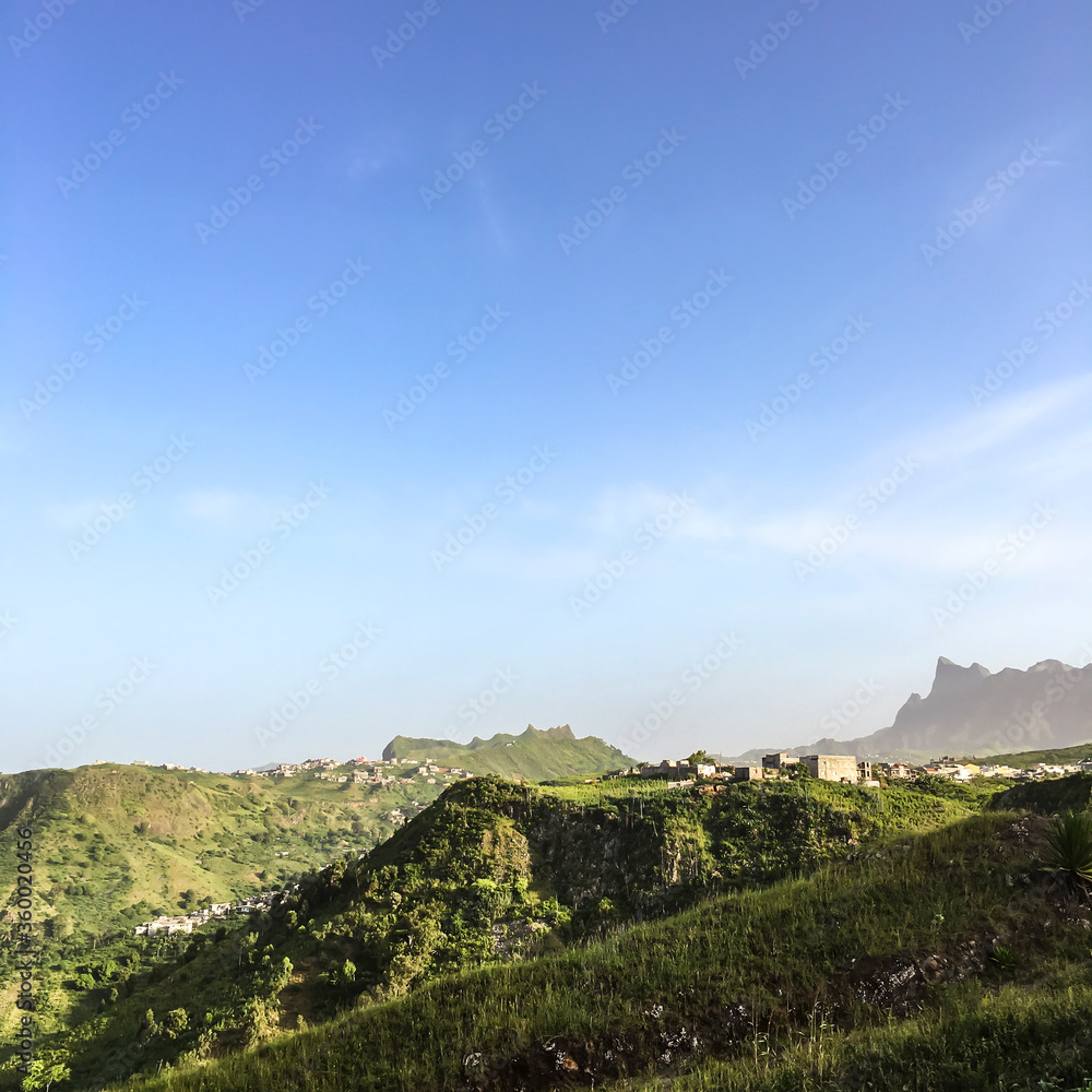 Green, hilly, beautiful landscape in the island of Santiago in Cape Verde, Africa