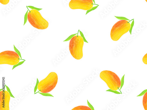 Fototapeta Naklejka Na Ścianę i Meble -  Seamless pattern from hand drawn sketchy digital drawing of ripe red yellow mango on stem with green leave. Backdrop for textile print wallpaper product surface design