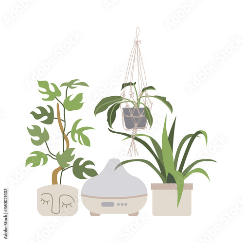 Home humidifier. Air freshener for home with houseplants. Air cleaner, purifier microclimate. Domestic appliance for humidity control. Perfect for landing page, banner.Flat cartoon vector illustration