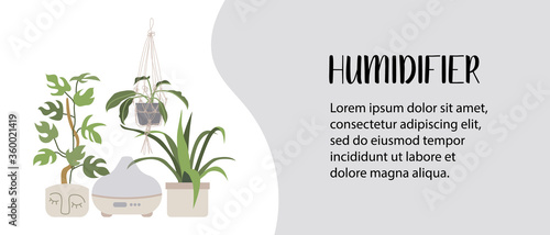 Home humidifier. Air freshener for home with houseplants. Air cleaner, purifier microclimate. Domestic appliance for humidity control. Perfect for landing page, banner.Flat cartoon vector illustration