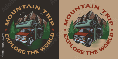 Coloured illustration with camping van on the theme of travel.