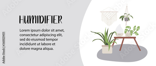 Home humidifier. Air freshener for home with houseplants. Air cleaner, purifier microclimate. Domestic appliance for humidity control. Perfect for landing page, banner.Flat cartoon vector illustration