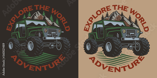 Colored vector illustration with an SUV. Perfect for shirt designs.