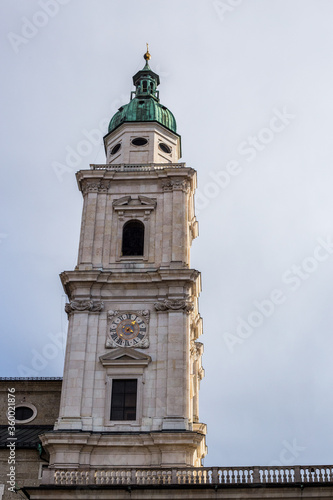 View of Salzburg Cathedral Bell Tower in Salzburg Old Town (Domplatz)