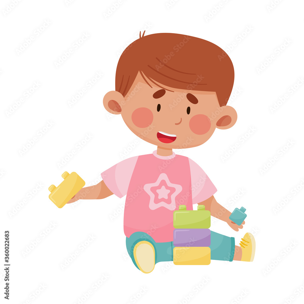 Little Boy Sitting and Playing with Construction Toy Vector Illustration Little Boy Sitting and Playing with Construction Toy Vector Illustration