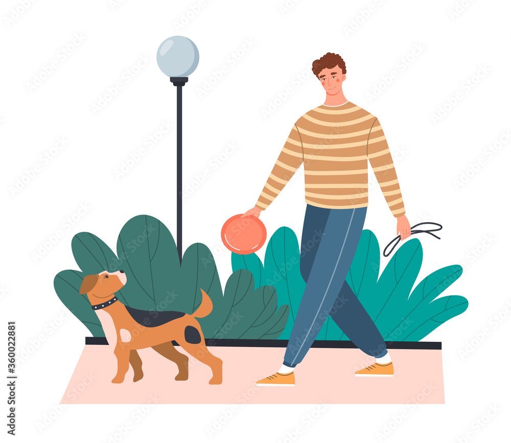 Young man taking his dog for a walk carrying the lead and a flying saucer in his hands for exercise, colored vector illustration