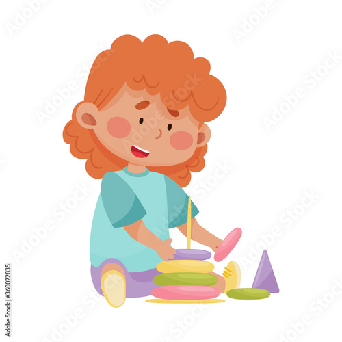 Little Girl Sitting and Playing with Construction Toy Vector Illustration