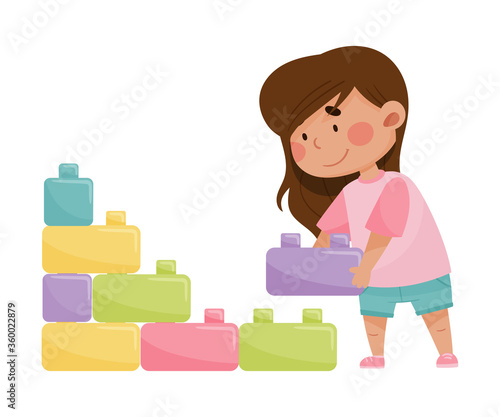 Little Girl Playing with Construction Toy Carrying Cubes Vector Illustration