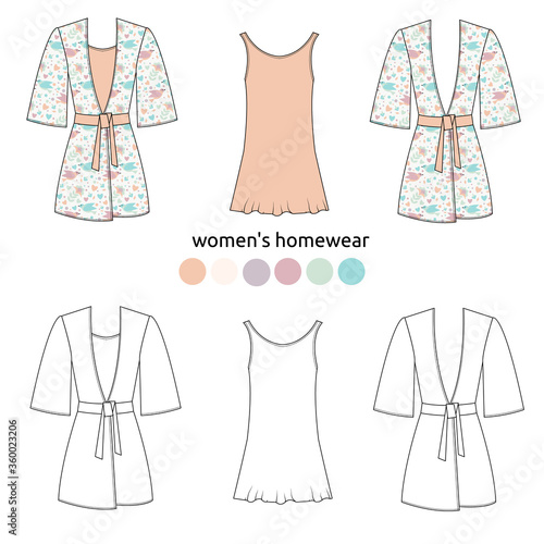Set of women's homewear, sleepwear and underwear. bathrobe, nightgown, pyjama on white background. Cute pattern. Vector illustration