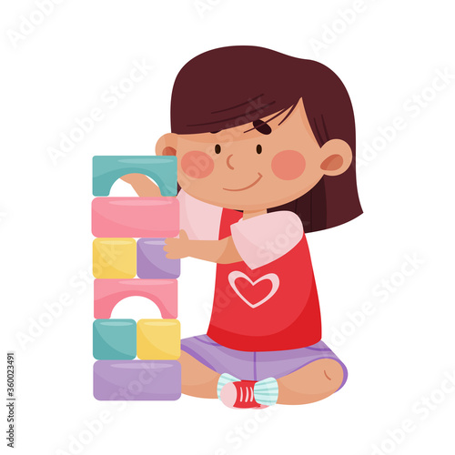 Cheerful Girl Sitting and Playing with Construction Toy Vector Illustration