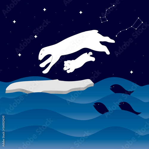 Night sea with waves, starry sky and polar bears on an ice floe. Constellation Ursa Major and Ursa Minor.