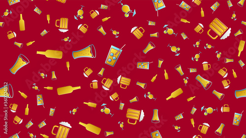 Endless seamless pattern of beautiful glass glasses with tasty alcoholic cocktails with ice and straws with lemons and beer for a party on a red background. Vector illustration