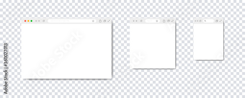 Web browser window. Vector isolated illustration. Web window screen mockup collection. Set of empty internet pade with shadow. Stock vector.