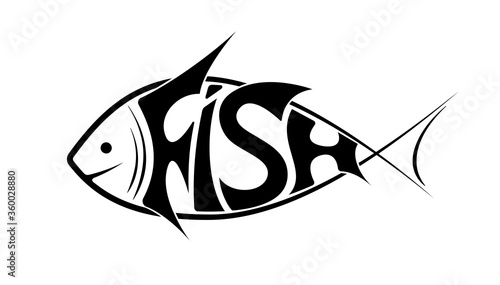 The logo or emblem of the word fish in the shape of fish. Black on white. It is floating to the left.